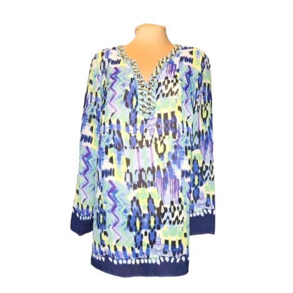 Valerie Stevens Sheer Blue & Green Beaded V-Neck Long Sleeve Tunic Size L